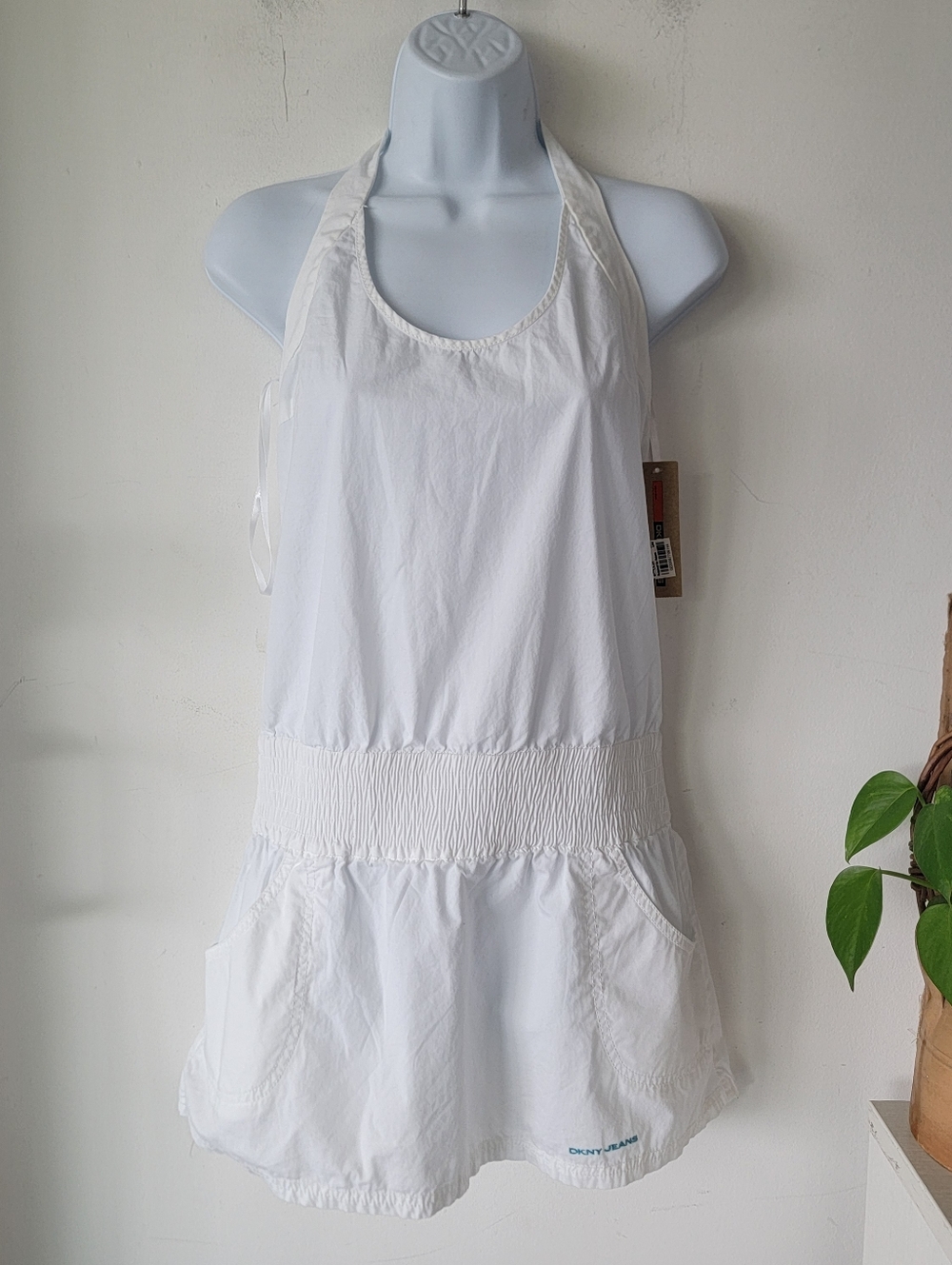 DKNY Jeans White Elastic-Waist Mini Dress Size S